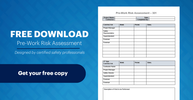 Image says Pre-Work Risk Assessment form - free download. It shows an image of the CSP-designed pre-work risk assessment form. 