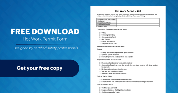 Image promoting free download of a Hot Work Permit, designed by certified safety professionals. 