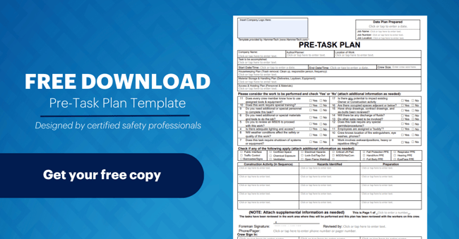 Image says Pre-Task Plan Template - free download. It shows an image of the pre-task plan template. 