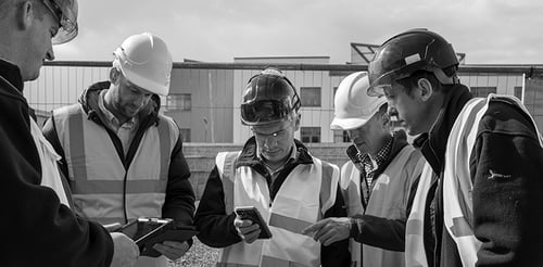 Image of supervisors and managers on a construction site using HammerTech with input from workers on site. 