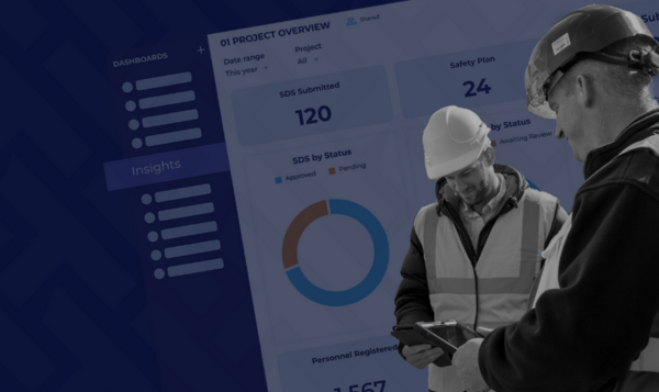 Image of construction workers looking at mobile devices for HammerTech Insights and construction safety reporting while on the job site. 