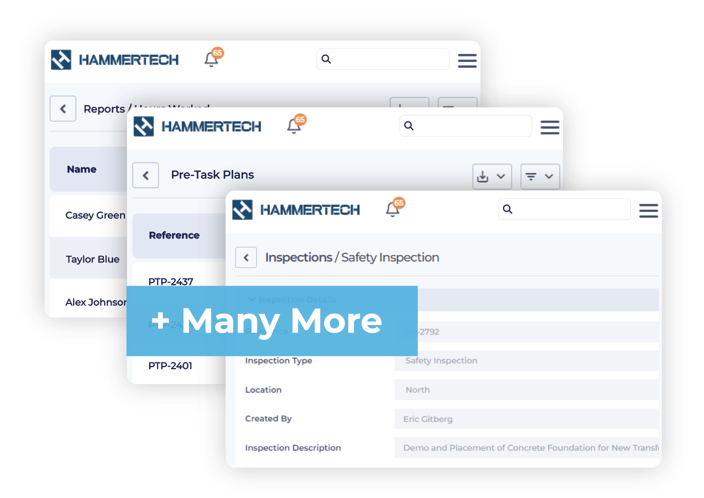 Overlapping screenshots of HammerTech, and some of what comes with HammerTech GO, including Pre-Task Plans, Reports, and Inspections, and many more!