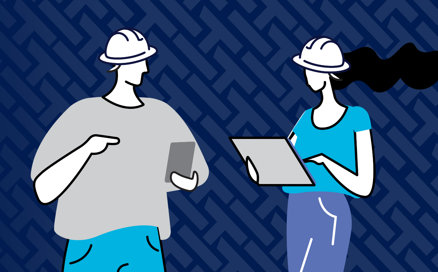 Illustration of a male and female construction worker on mobile and tablet doing a pre-task plan as part of their construction safety and efficiency planning.